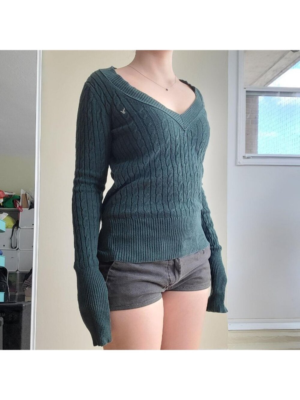 American Eagle Preppy Cotton V-Neck Slim Fit Vintage Cable Knit (S)